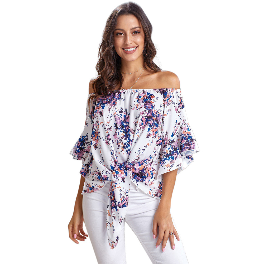 Off the Shoulder Crop Top Floral Print 3 4 Sleeve Casual Style Spring Fashion Wholesale Available