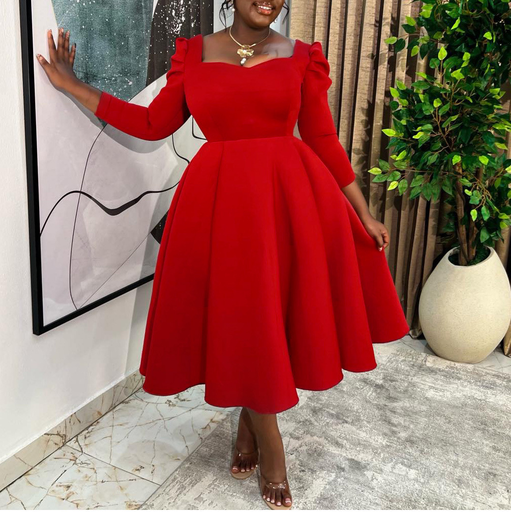 D3354 Autumn Winter New Women's Fashion Solid Color Square Neck High Waist Big Skirt Dress African Dress