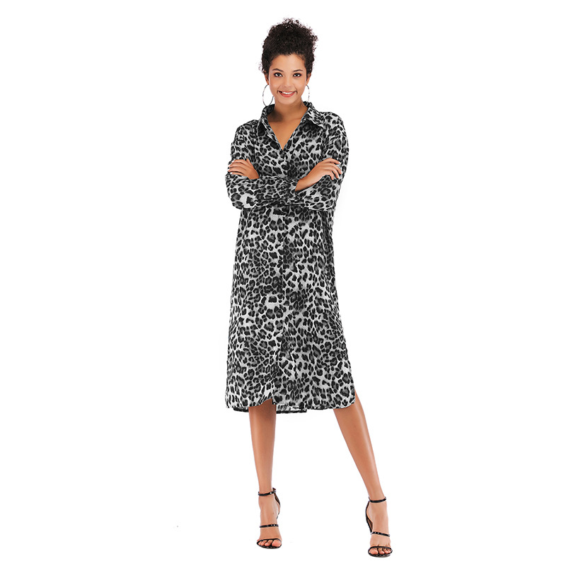 Womens Autumn Dress Long Sleeve Button Down Sexy Leopard Print Slim Fit Split Hem Casual or Party Wear