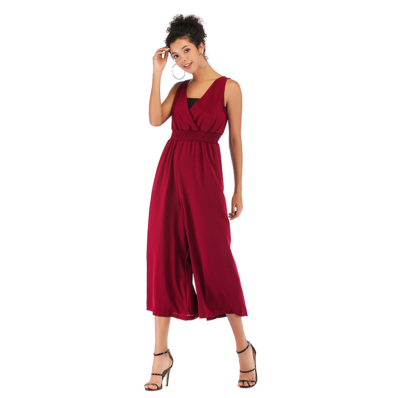 Womens Solid Color V Neck Jumpsuit Wrap Waist Adjustable Straps Wide Leg Three Quarter Length Casual or Evening