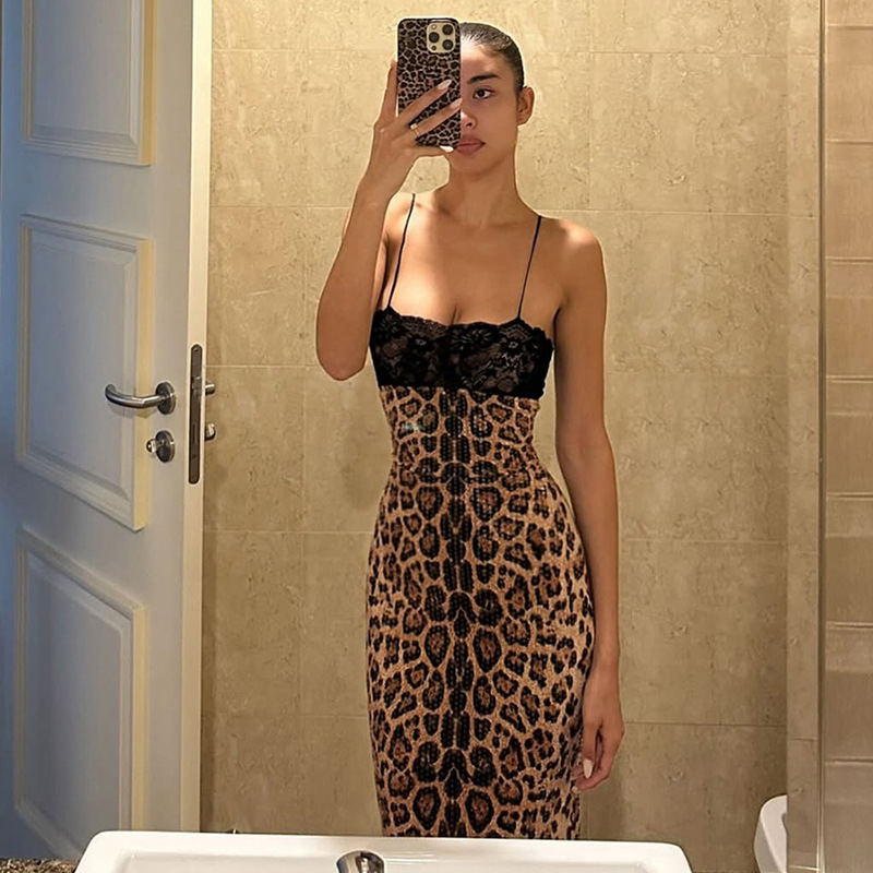 European and American Cross border Autumn and Winter New Women's Leopard Print Sequin Lace Splicing Sexy Slim Hot Girl Cami Dress