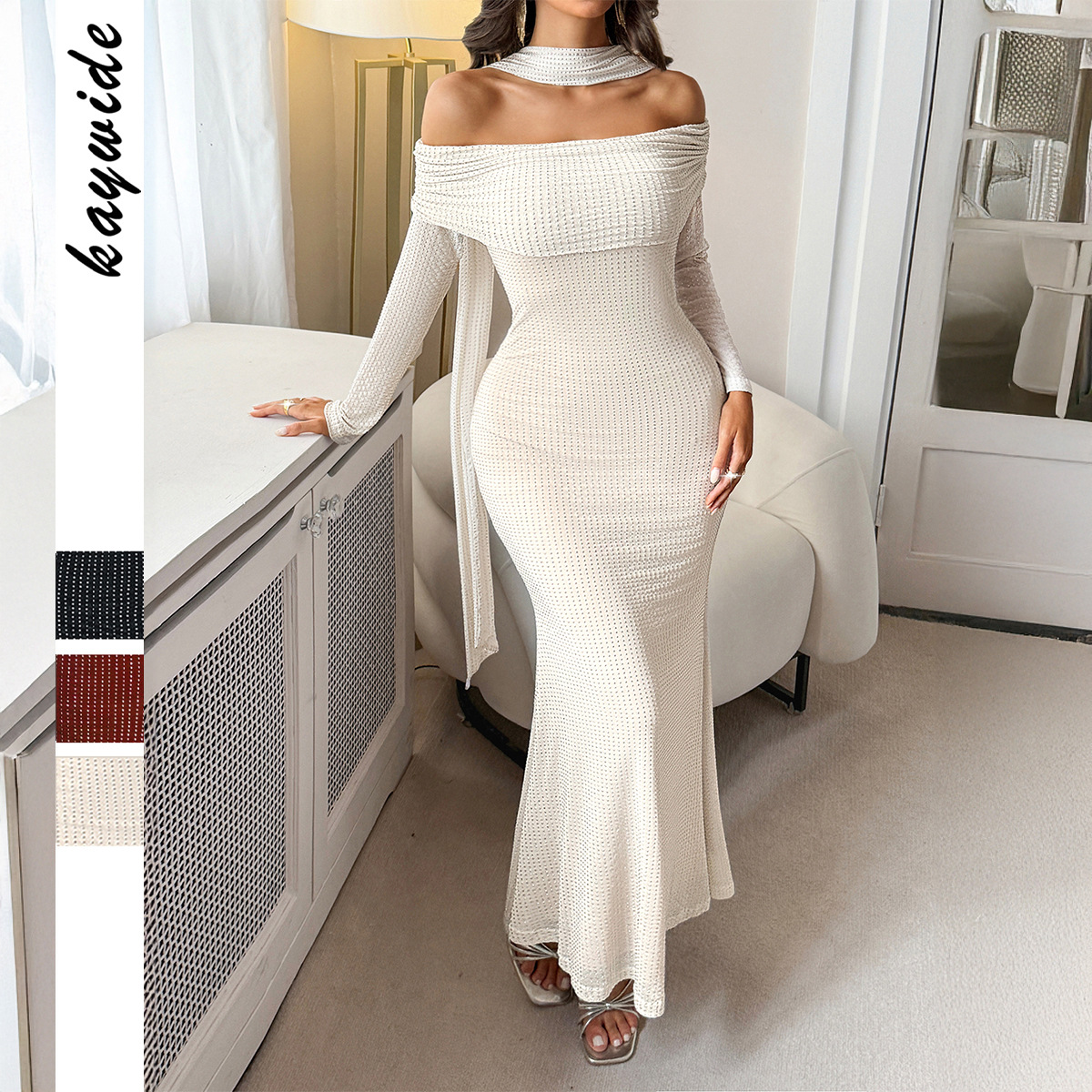 Elegant Strapless Long Sleeve Bodycon Dress for Women Autumn Winter