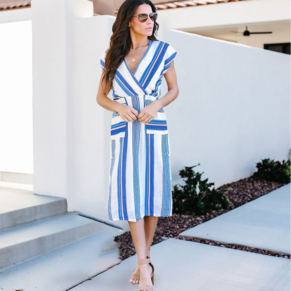 Sleeveless V Neck Blue and White Striped Maxi Dress Loose Fit High Waist Spring Summer Style Wholesale Available