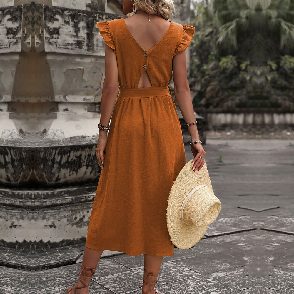 New European and American Style Sexy Backless Waist Slim A line Dress