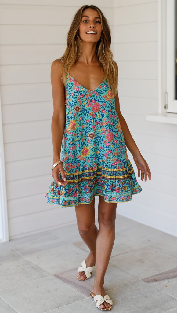 Bohemian Floral Print Dress Summer Casual Style Short Length Lightweight Fabric Ready to Ship Wholesale Available