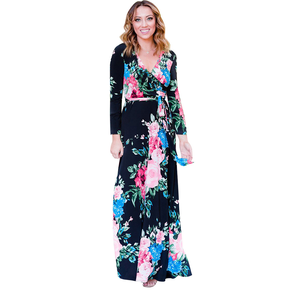 Spring Womens Long Dress V Neck Mid Waist Floral Print Long Sleeve Casual or Formal Wear Wholesale Available