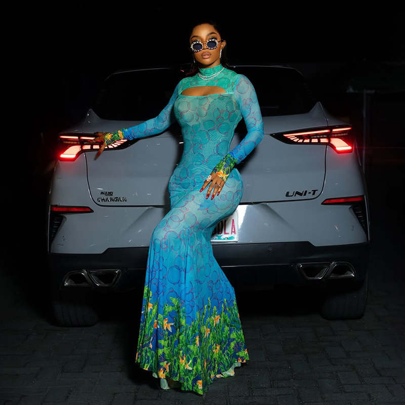 European and American Cross Border Wholesale Autumn Fashion New Women's Personality Printed Hollow Sexy Mermaid Dress