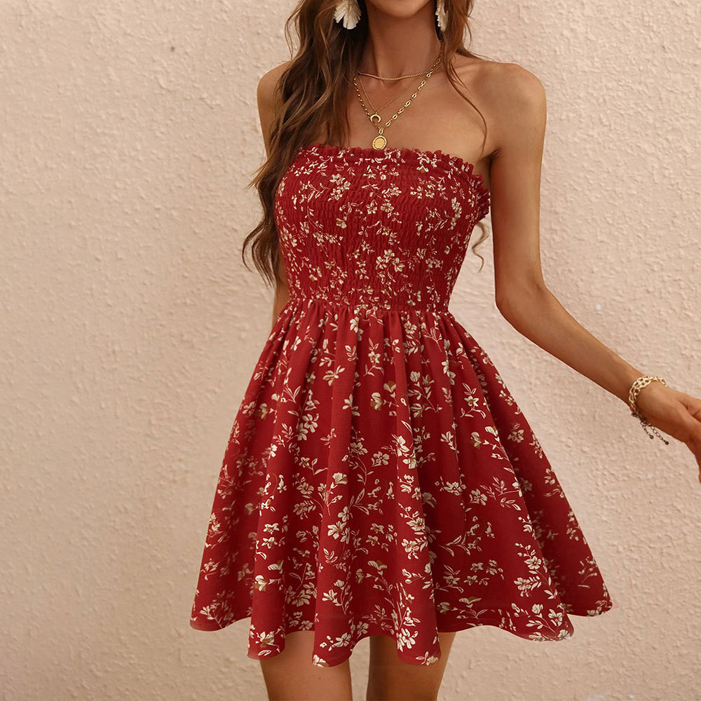 Cross border Wholesale Playful Waist Slim Floral Strapless Dress Summer New Design Sling Dress for Women