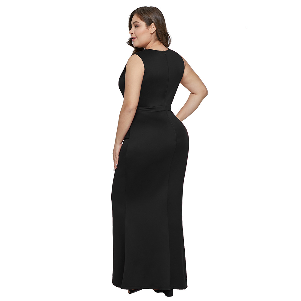 Plus Size Sleeveless V Neck Maxi Dress High Waist Asymmetrical Ruffle Hem Side Slit Elegant Evening Wear OEM