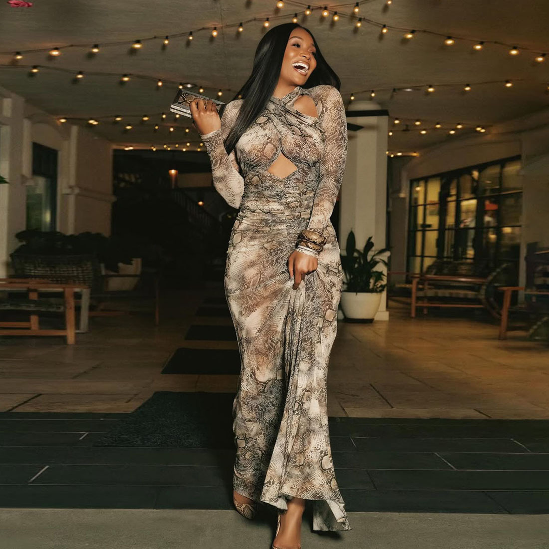 European and American Foreign Trade Autumn Fashion New Women's Hollow Neck Personality Snake Print Sexy Dress