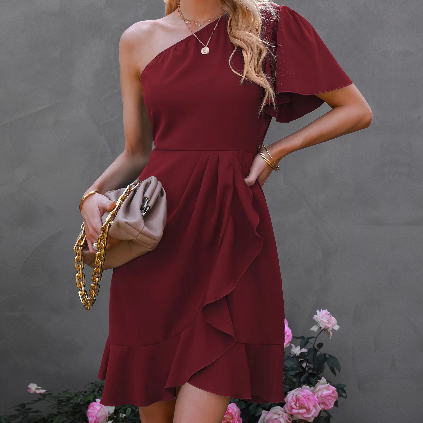 Wholesale Women's Dress — Solid Color, Asymmetrical Shoulder, Ruffle Hem, High Waist, Midi Length — Spring Fashion — In Stock