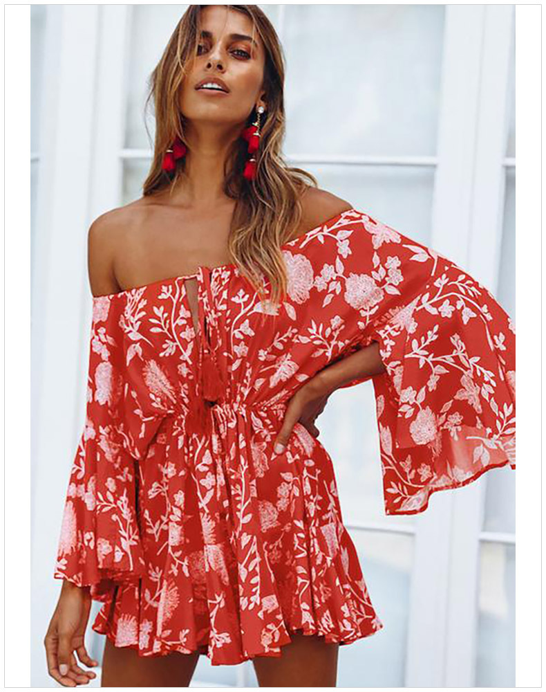 Belted Off Shoulder Jumpsuit Flared Long Sleeves Floral Print Casual Chic Perfect for Vacations Wholesale Available