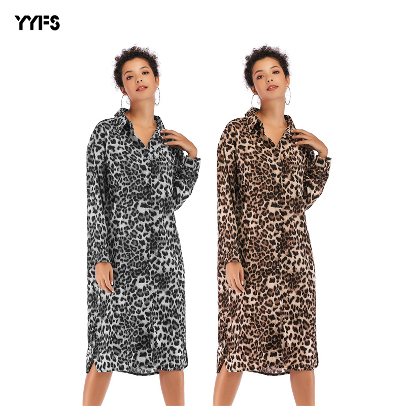 Womens Autumn Dress Long Sleeve Button Down Sexy Leopard Print Slim Fit Split Hem Casual or Party Wear