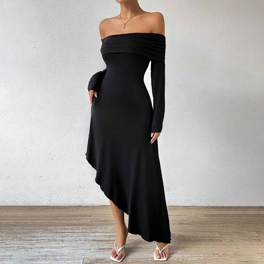 Elegant Womens Dress Off Shoulder Mid Length Autumn Winter High Class Style Wholesale Availability