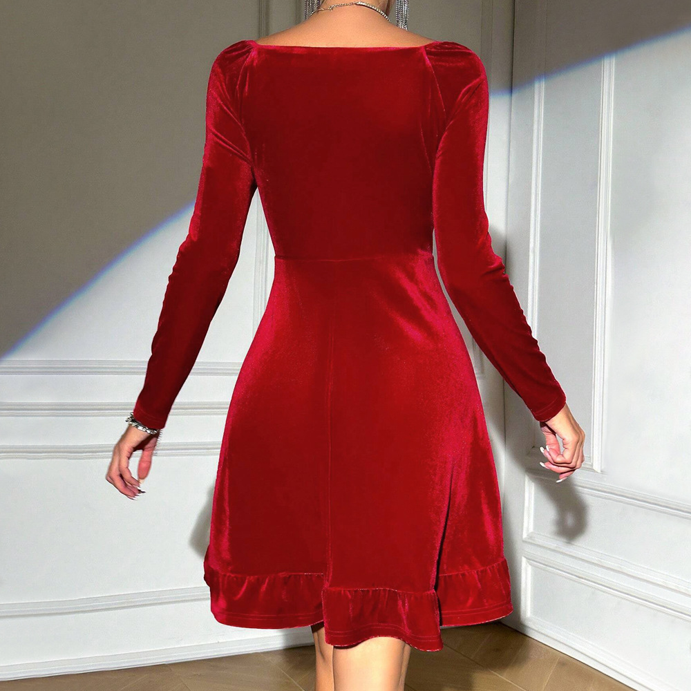 Elegant Red V Neck Dress Fashionable Versatile Short Length Autumn Winter Wear Wholesale Available