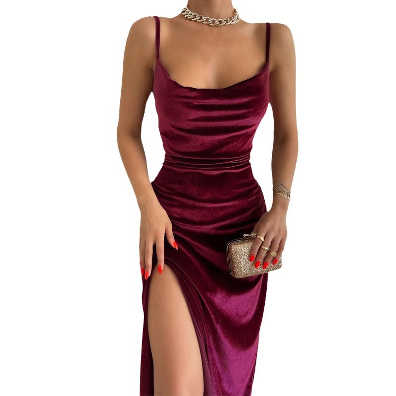 Velvet Bodycon Dress Sexy Split Design Spaghetti Straps Elegant Party Wear Summer Collection Wholesale Available