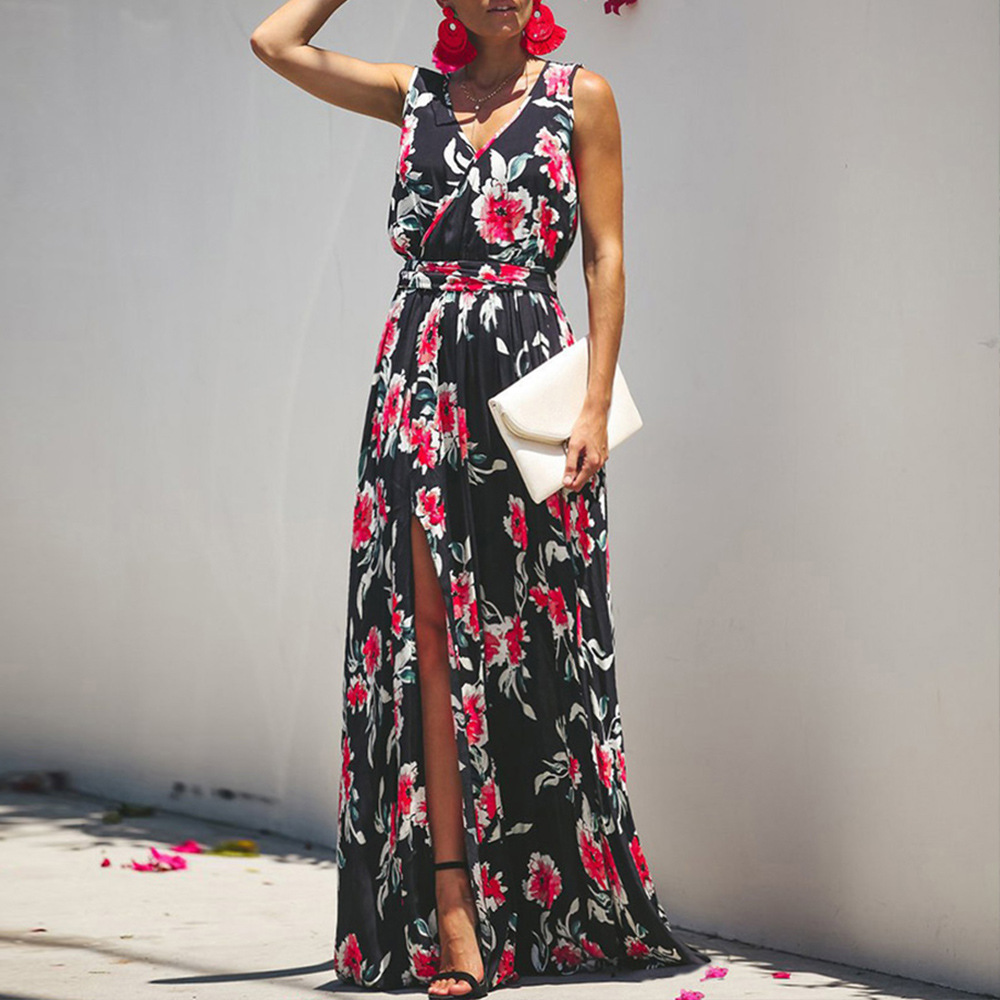 Summer Womens Dress Sleeveless V Neck Floral Print Split Hem Elastic Waist Casual Wear for Parties or Outings