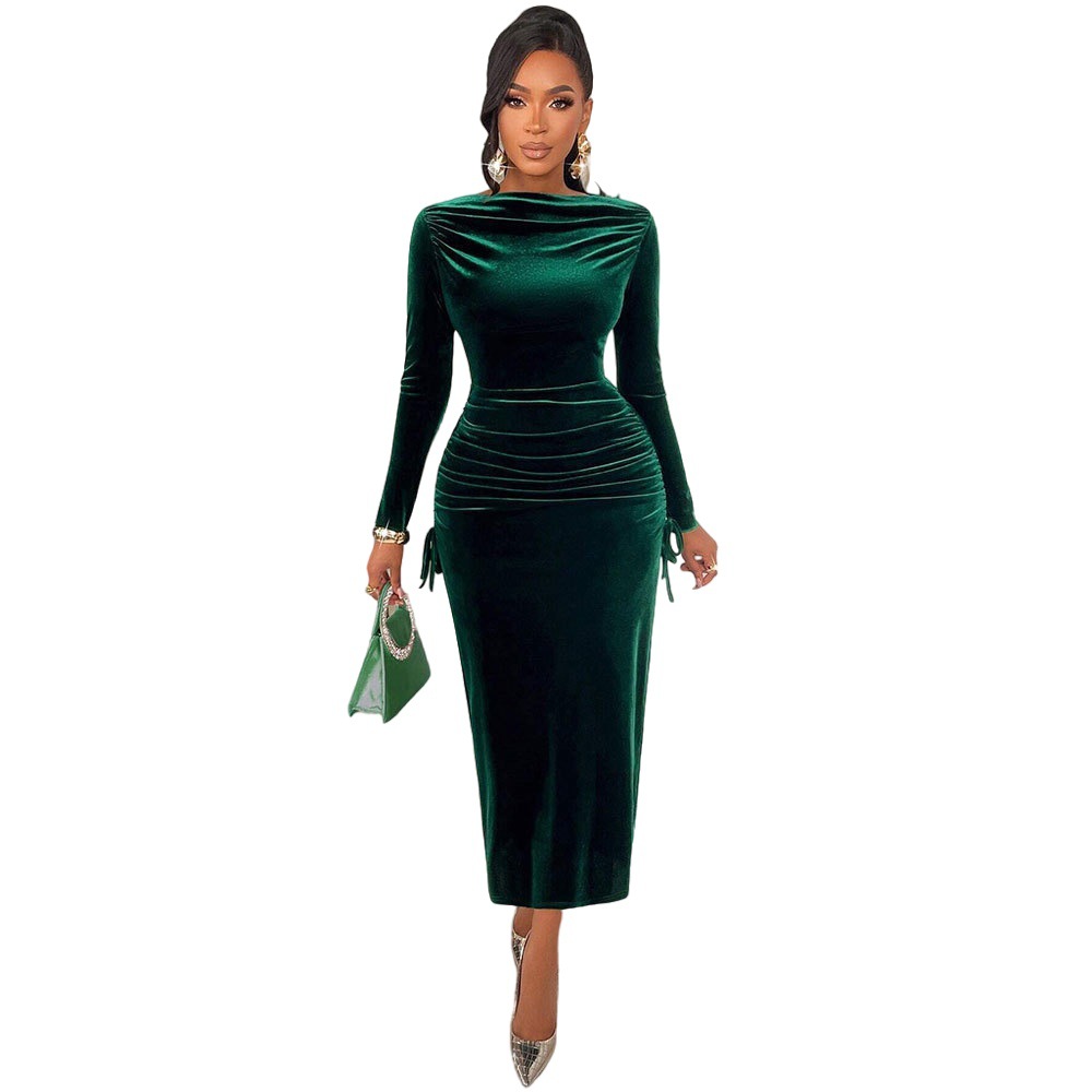 Velvet Maxi Dress for Women Dark Green Long Sleeve Slim Fit Side Pleats Elegant Autumn Winter Wear Wholesale