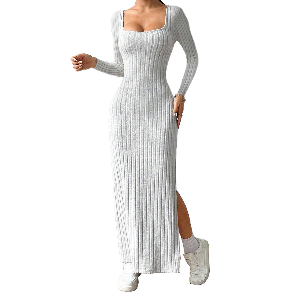 Simple Elegant Women's Dress with Square Neck and Backless Design, Long Sleeve Mid length Dress for Autumn and Winter