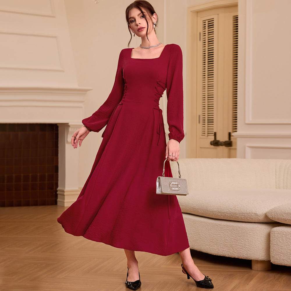 French Square Neck Burgundy Long Sleeve Dress Vintage Style Slim Fit Autumn Winter Wholesale Available