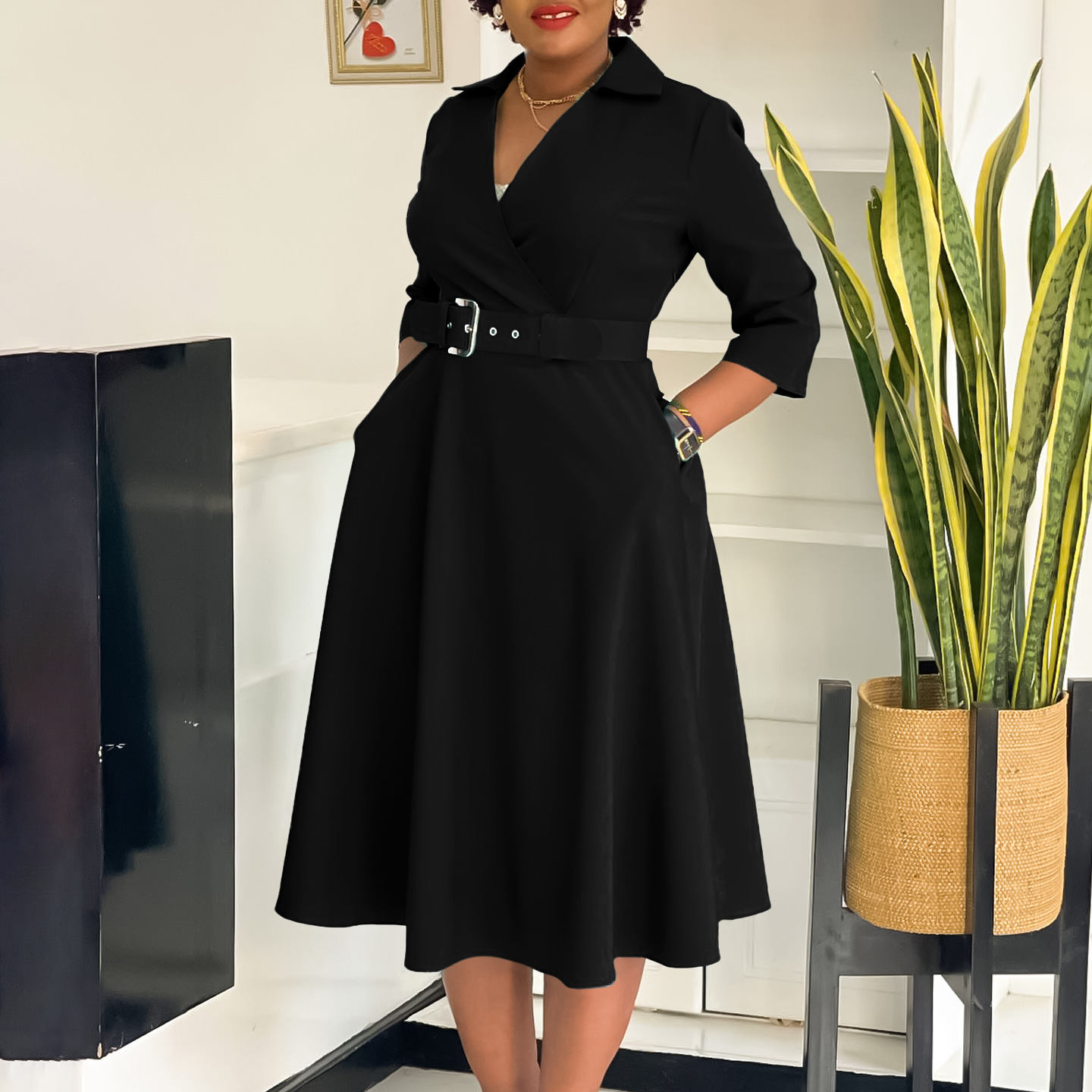 Plus Size Women's Fashion Dress with Lapel, Solid Color, Flared Skirt, Elegant Style for Autumn, Wholesale Clothing for Export