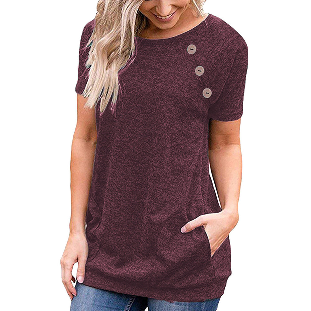Womens Summer T Shirt Casual Round Neck Pocket Button Detail Short Sleeve Perfect for Everyday Wear Wholesale