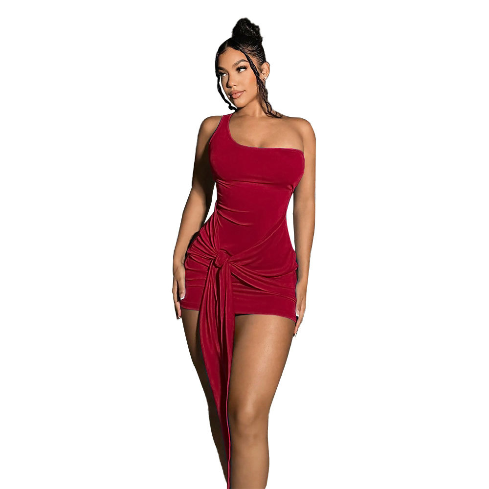 Red Bodycon Dress One Shoulder Strap Sexy Fit Spring Summer Style Wholesale Available fast shipping