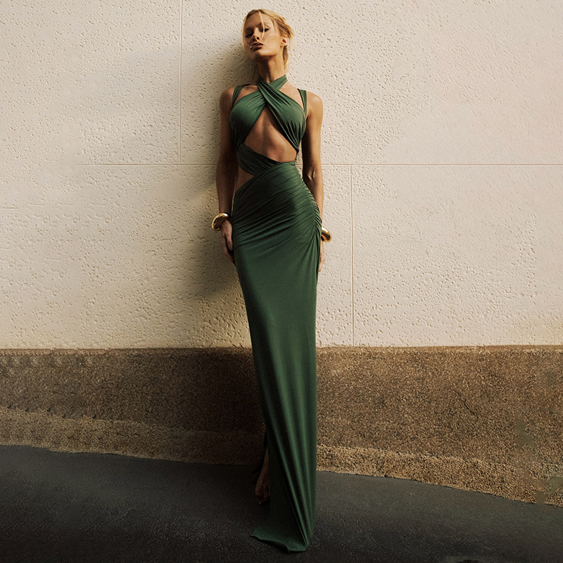 European and American Cross Border Autumn Winter New Women's Sexy Hollow Out Spliced Bodycon Mermaid Dress for Slim Fit