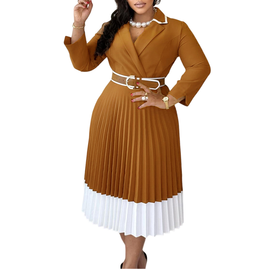 Autumn Winter Women's Solid Color Long Sleeve Color Block Pleated A Line Dress, Fashionable Casual Dress for Cross Border Trad