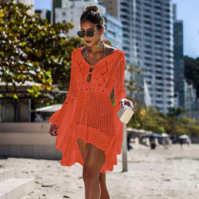 Irregular Deep V Sexy Hollow Out Knitted Beach Cover Up Dress Bell Sleeves Lightweight Fabric Summer Style Wholesale