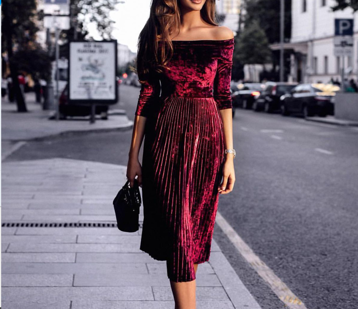 Off Shoulder Pleated Velvet Maxi Dress Four Quarter Sleeve Elegant Design Perfect for Parties and Special Occasions