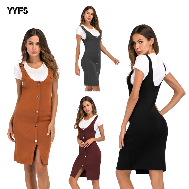 Knitted Midi Dress Adjustable Straps Button Detail Side Slit Bodycon Fit Casual Wear Spring Summer Wholesale
