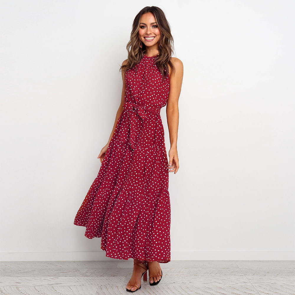 Summer Womens Midi Dress Polka Dot Tie Waist Comfortable Fabric Casual Wear for Parties or Everyday Wholesale