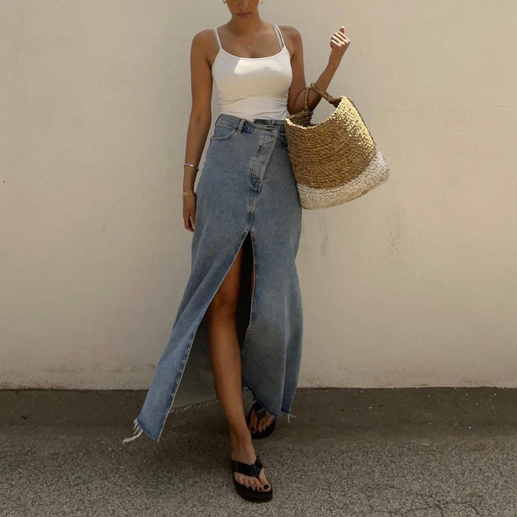 High Waisted Denim Skirt Long Length Vintage Style Side Slit Bodycon Fit Spring and Autumn Fashion Wholesale