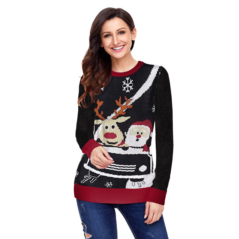 Womens Christmas Sweater European Style Reindeer Print Round Neck Long Sleeve Winter Fashion Wholesale Available
