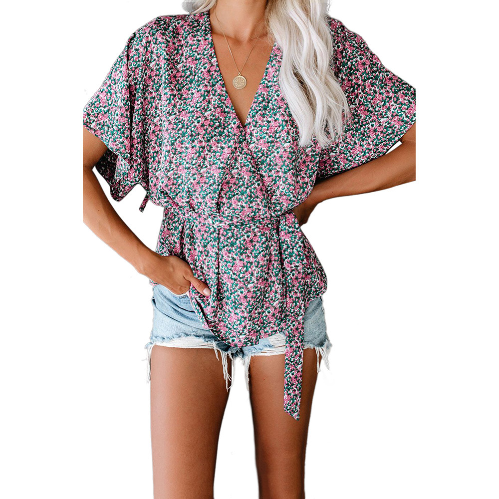 Womens V Neck Printed Short Sleeve T Shirt Loose Fit Wrap Style Summer Fashion Wholesale Available