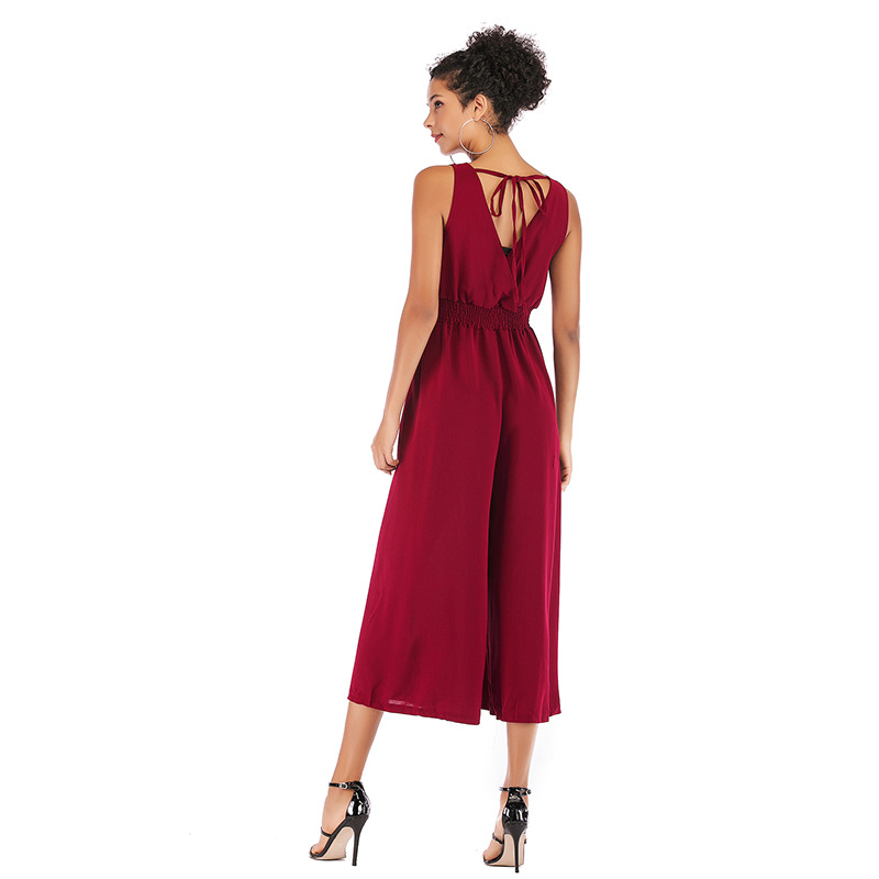 Womens Solid Color V Neck Jumpsuit Wrap Waist Adjustable Straps Wide Leg Three Quarter Length Casual or Evening