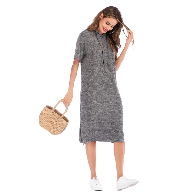 Womens Summer Dress Solid Color Short Sleeve Loose Fit Hooded Side Slit Casual Wear Wholesale Available