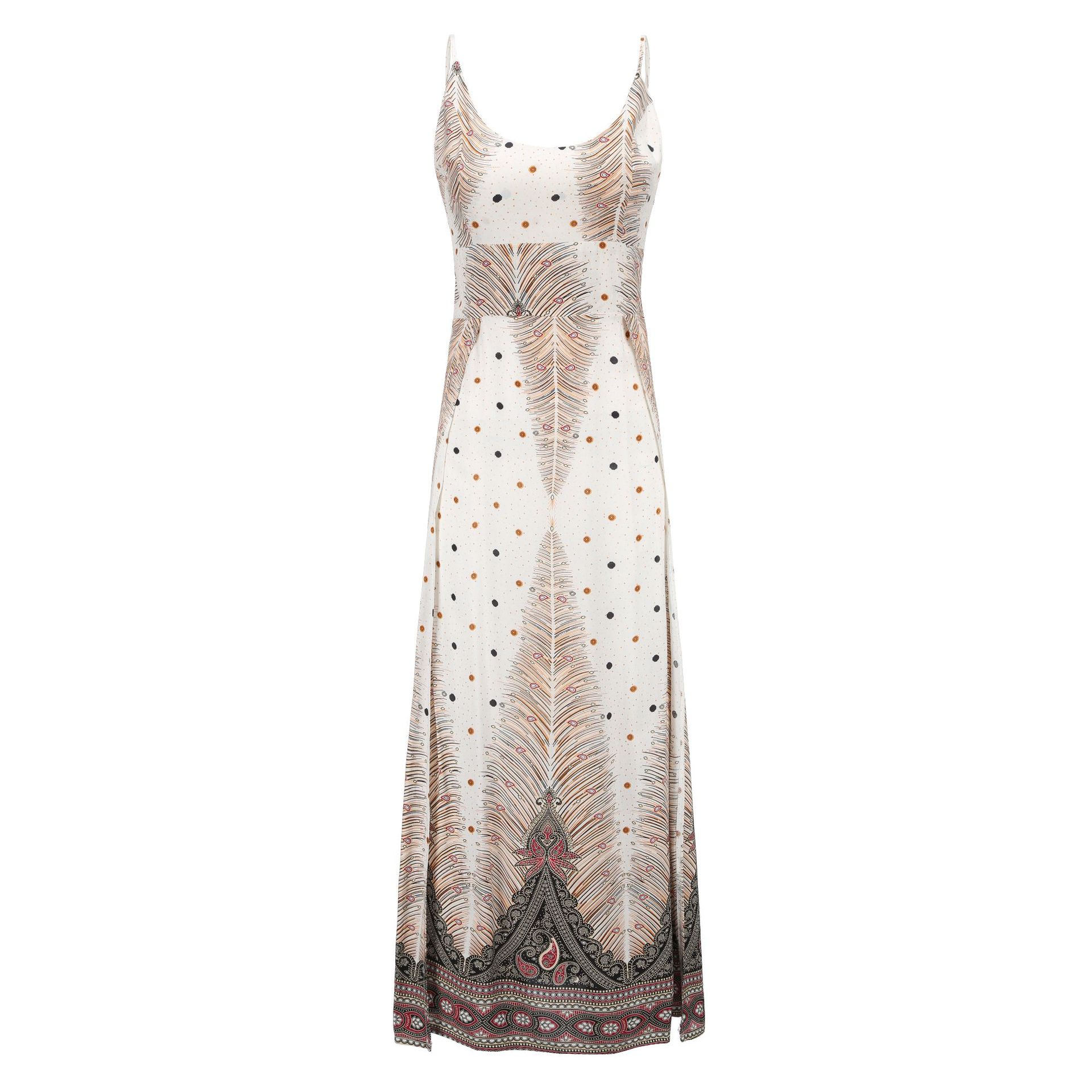 Bohemian Print Maxi Dress Sexy Spaghetti Straps Open Back High Slit Summer Vacation Wear Wholesale Available