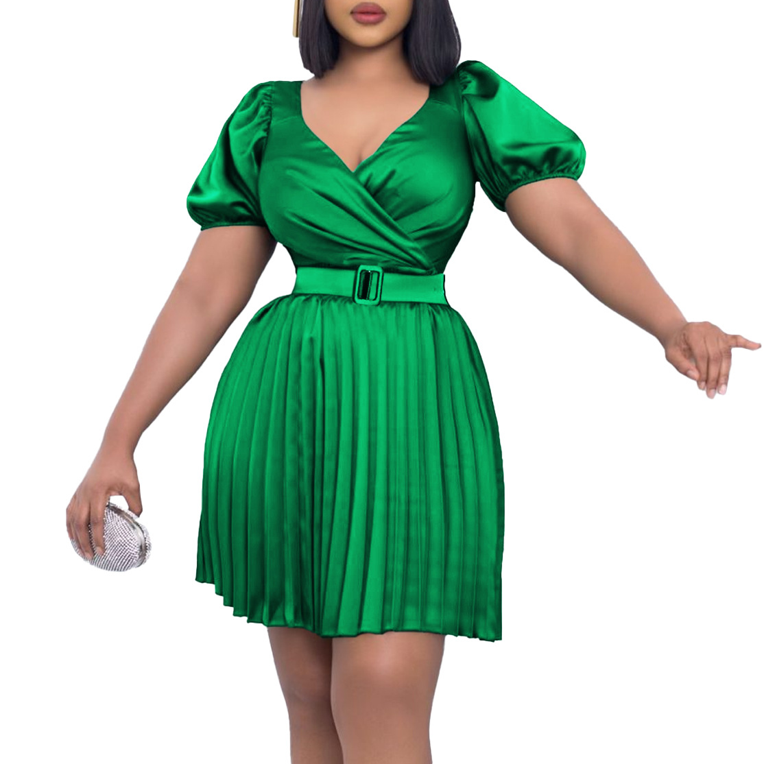 Summer New Women's Fashion V Neck Waist Defined Pleated Dress for Cross Border Style, Elegant European and American Design