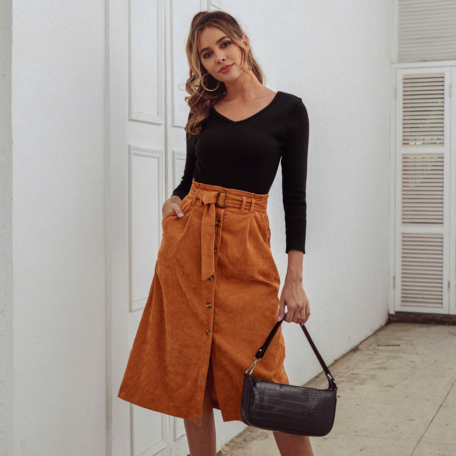 High Waisted Corduroy A Line Midi Skirt Womens Autumn Winter Fashion Versatile Casual or Formal Wear Wholesale