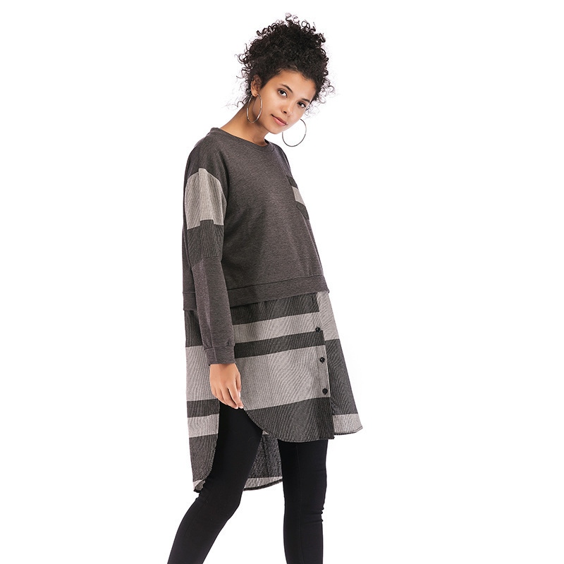 Womens Color Block Loose Dress Asymmetrical Plaid Design Round Neck Long Sleeve Autumn Winter Fashion Wholesale