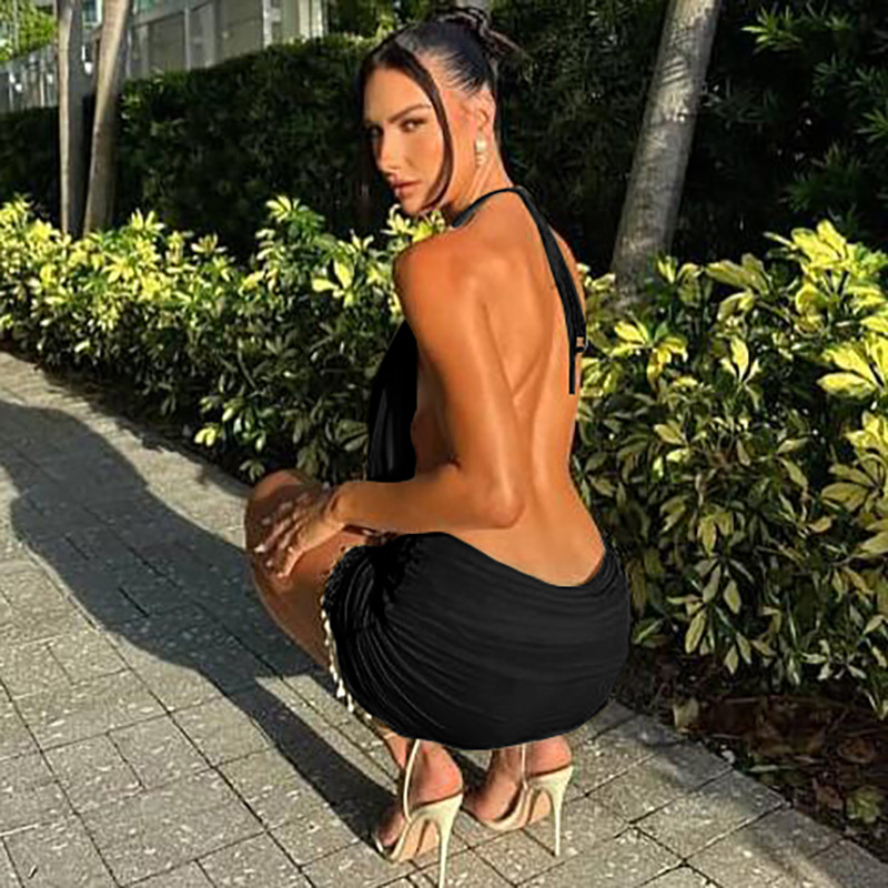 Summer Women's Sexy Halter Neck Sleeveless Bodycon Dress with Fringe and Beads, Trendy Cross Border European and American Styl