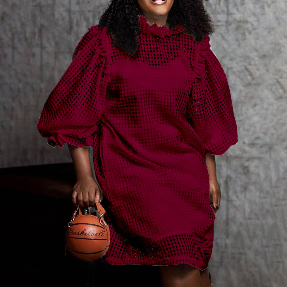 New Autumn Hollow Out Solid Color Puff Sleeve Two Piece Dress for Women, Stylish African Fashion, Cross Border Clothing