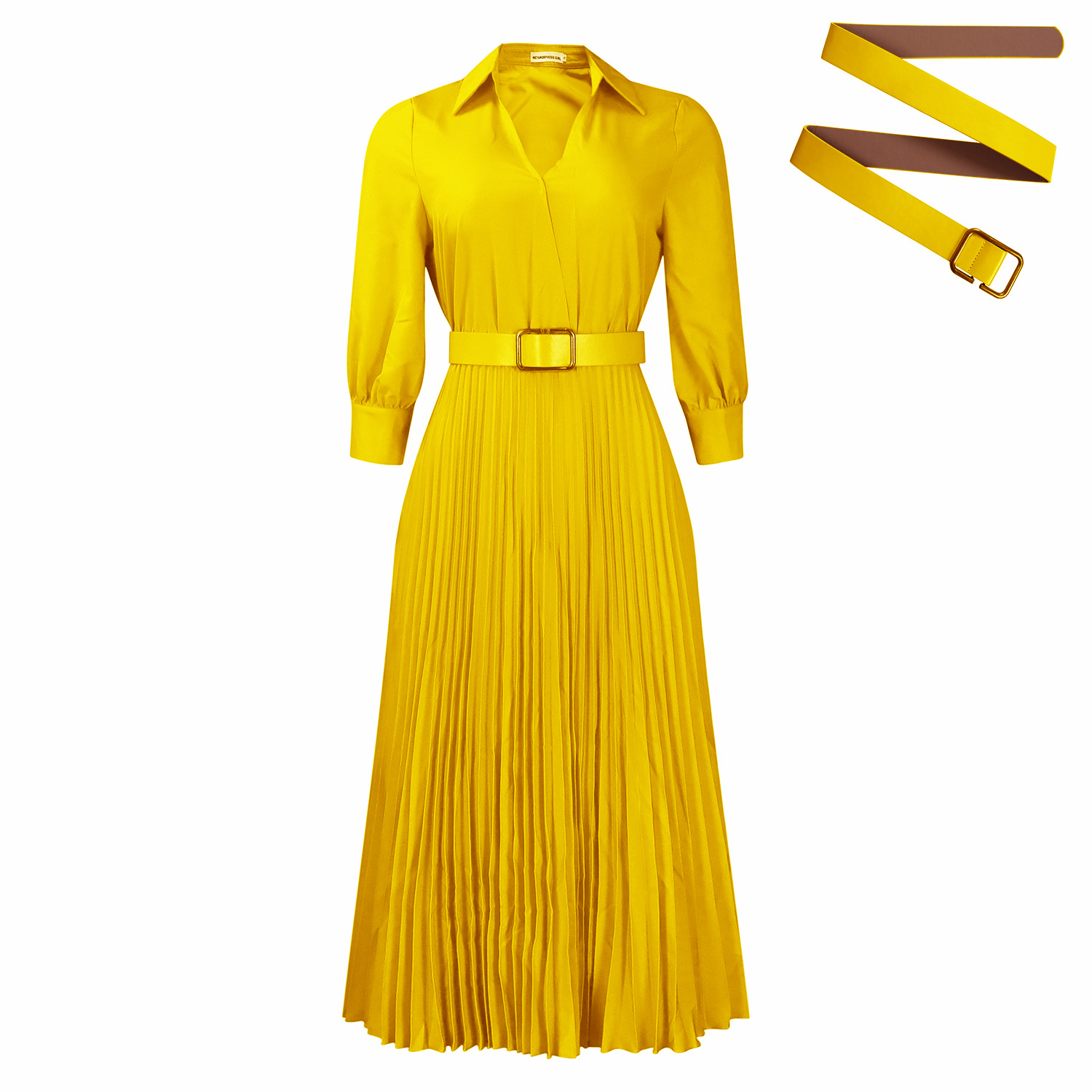 Fashionable V Neck Solid Color Long Sleeve Pleated Maxi Dress for Women, Elegant Spring Collection, Perfect for Casual and For