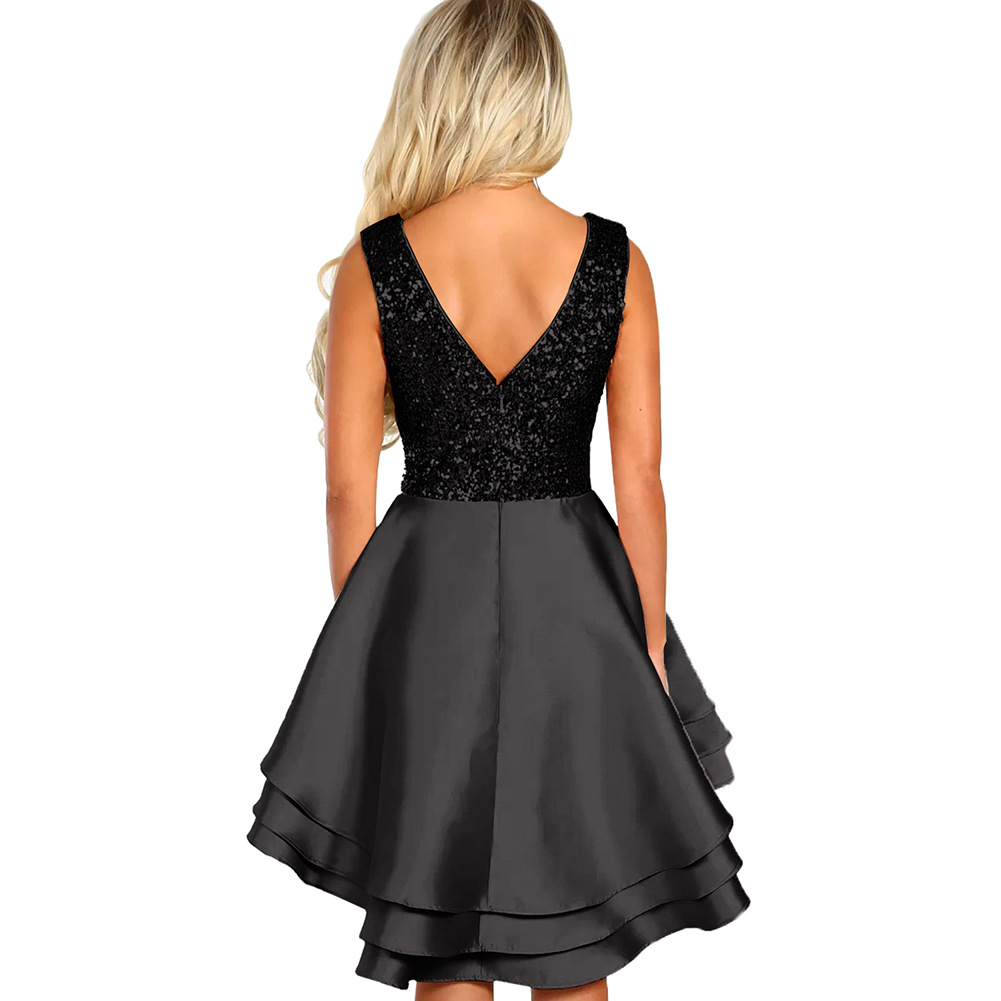 Sequin Evening Dress Sexy V Neck Sleeveless High Waist A Line Asymmetrical Hem Perfect for Parties and Formal