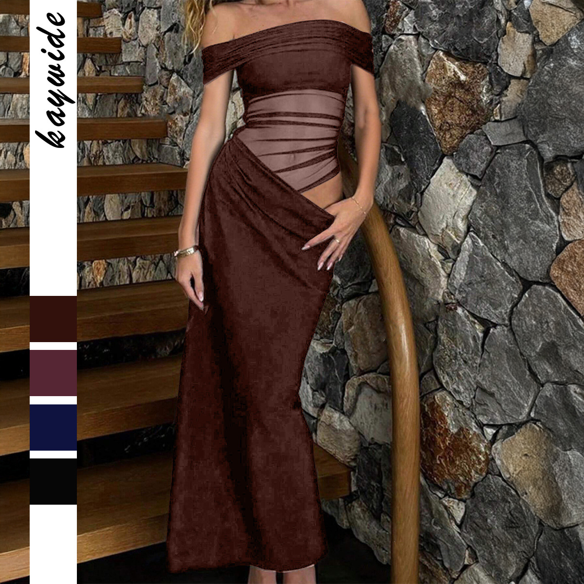 Elegant Strapless Solid Color Bodycon Long Dress for Women Autumn Winter