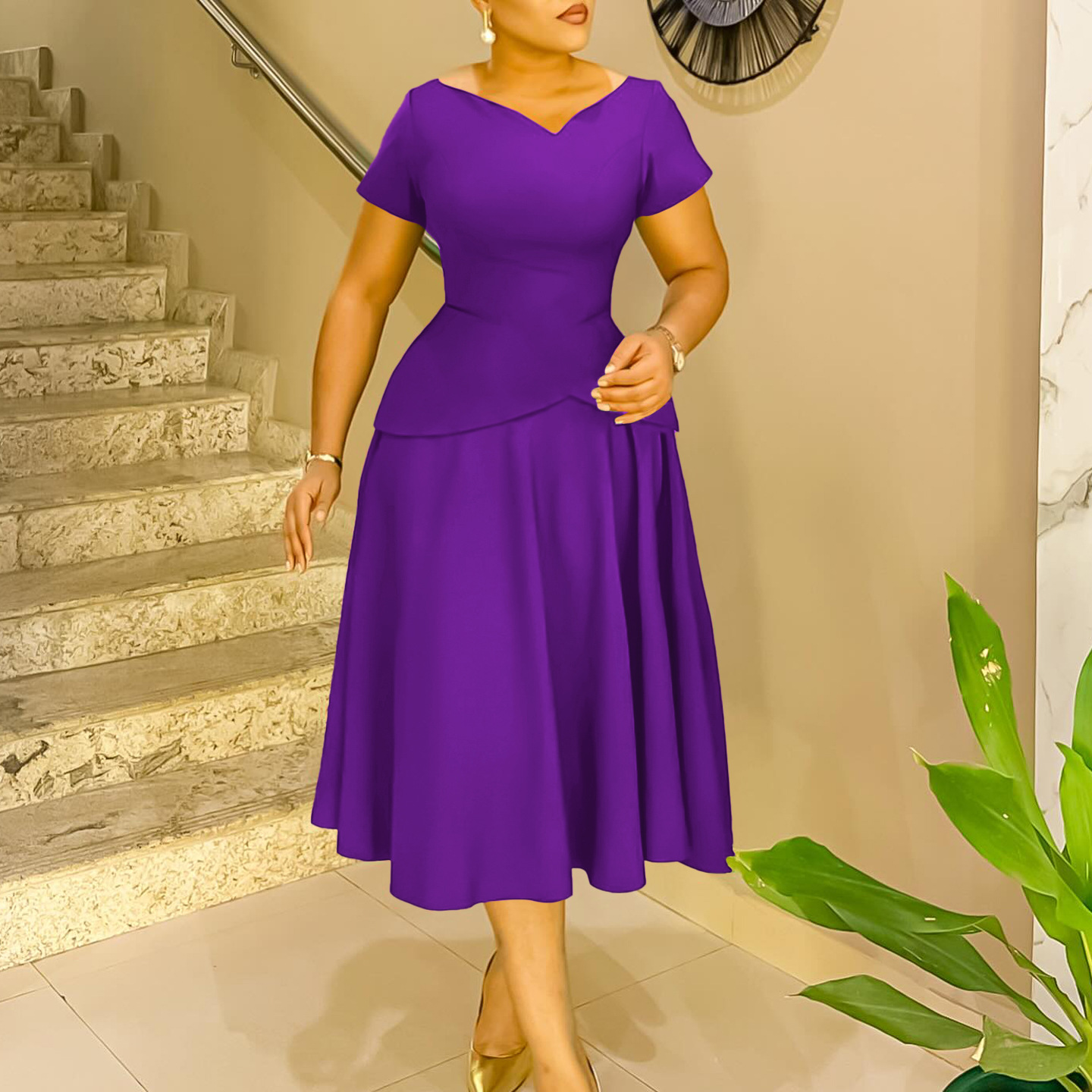 Summer Fashion Women's Solid Color V Neck Short Sleeve A Line Maxi Dress for Africa, Trendy New Arrival for International Mark