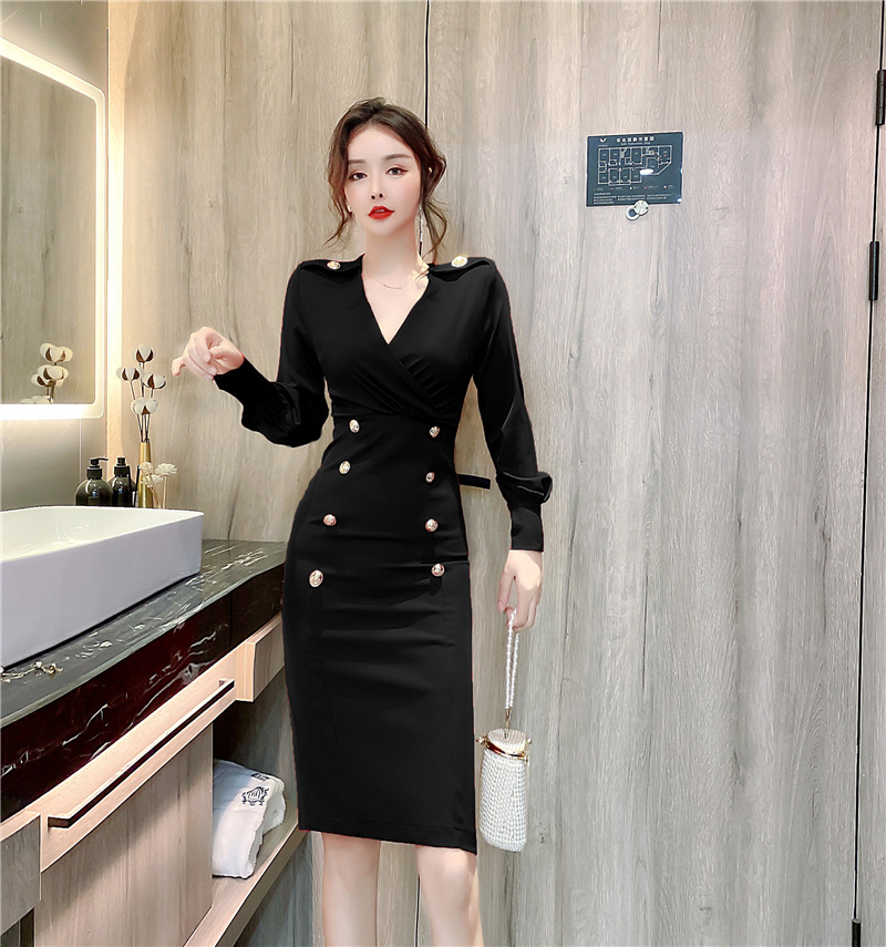 V Neck Long Sleeve Bodycon Dress Double Breasted Slim Fit Elegant Style Perfect for Fall and Winter Events