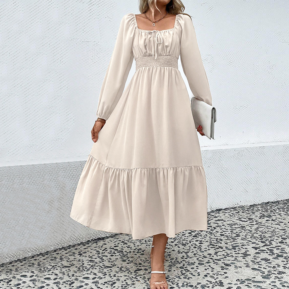 Autumn and Winter New Waist Slimming Large Flared Long Sleeve Square Neck Elegant Commuter Long Dress